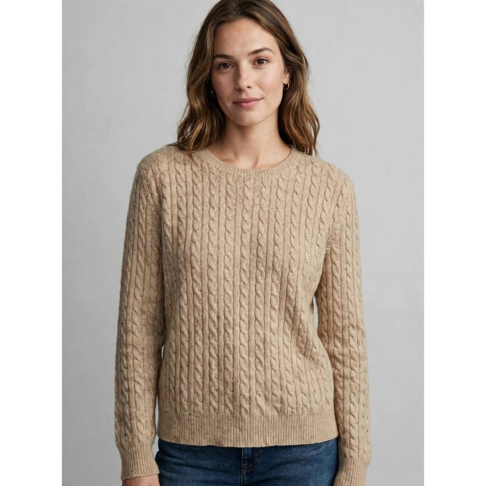 SUTTON STUDIO OATMEAL BEIGE Cable knit SOFT CASHMERE CREWNECK SWEATER SIZE M
